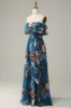 Dark Blue Floral Boho Chiffon Long Bridesmaid Dress sold by Zapaka