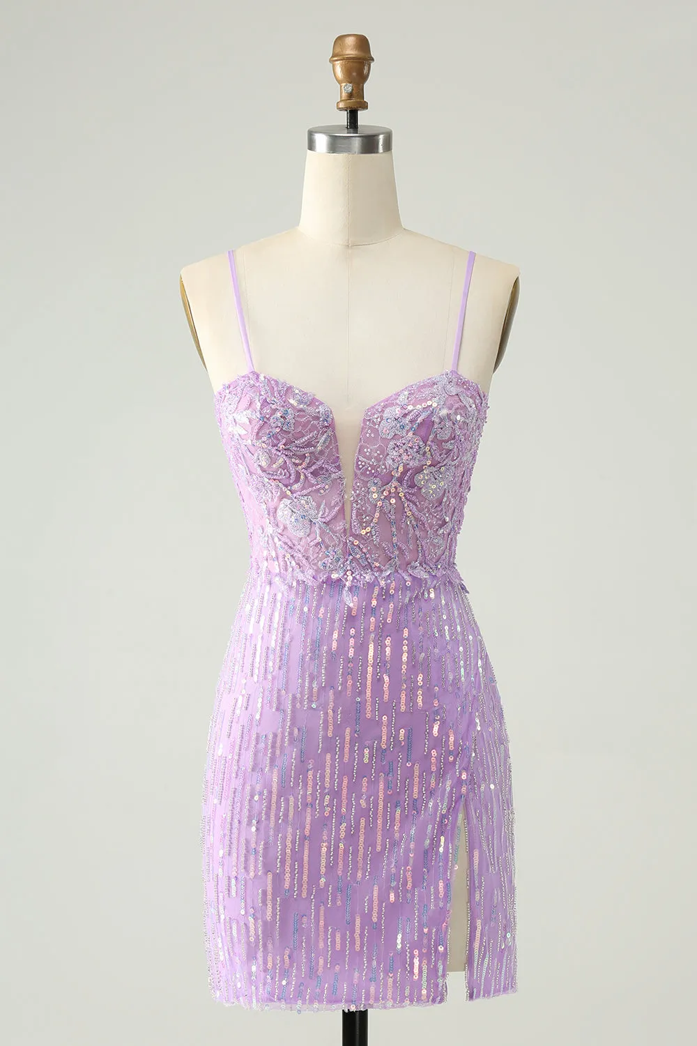Sparkly Lilac Sequins Bodycon Mini Homecoming Dress with Slit sold by Zapaka