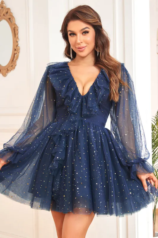 A Line V Neck Navy Short Homecoming Dress with Long Sleeves sold by Zapaka