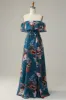 Dark Blue Floral Boho Chiffon Long Bridesmaid Dress sold by Zapaka