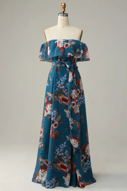 Dark Blue Floral Boho Chiffon Long Bridesmaid Dress sold by Zapaka