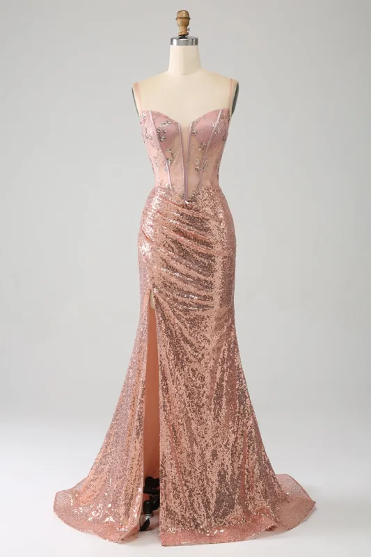 Rose Gold Mermaid Beaded Ruched Sequin Corset Prom Dress With Side Slit sold by Zapaka