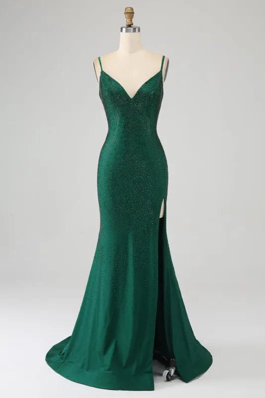 Sparkly Dark Green Beaded Long Mermaid Prom Dress with Slit sold by Zapaka