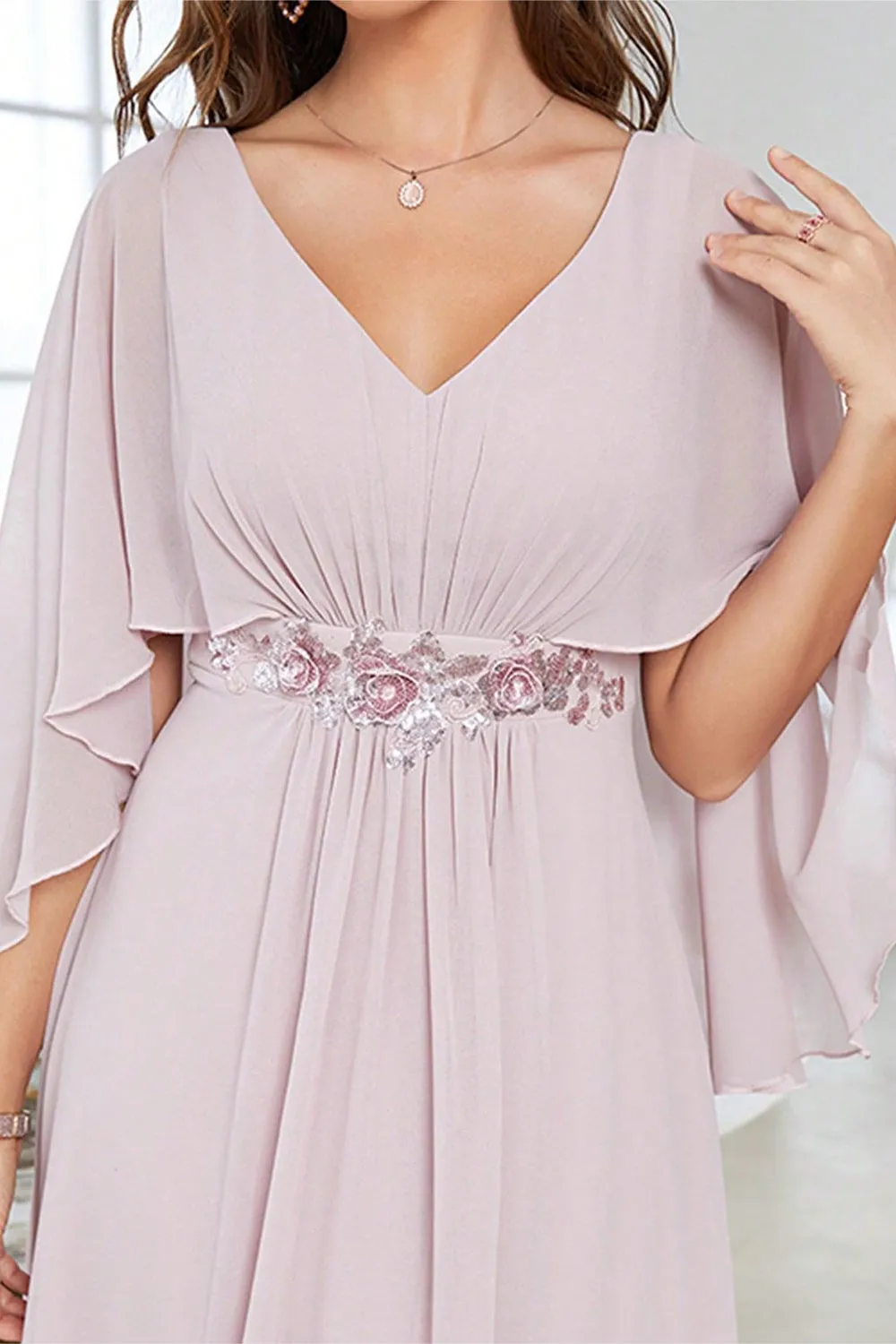 Blush A Line Chiffon Long Formal Dress With Short Sleeves sold by Zapaka product image thumbnail 5