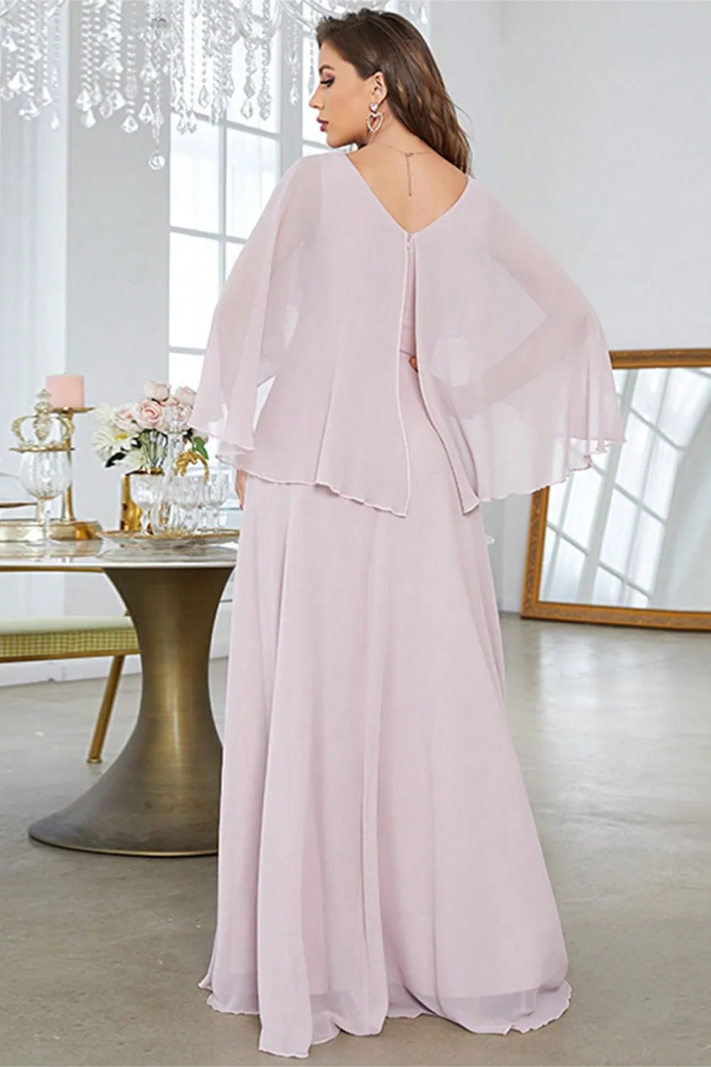 Blush A Line Chiffon Long Formal Dress With Short Sleeves sold by Zapaka product image thumbnail 2