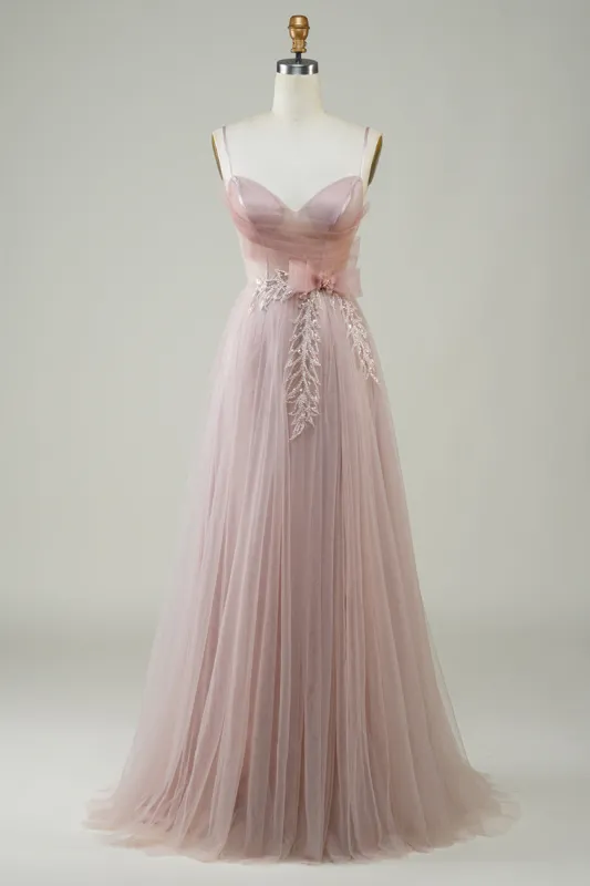 Blush A-Line Corset Long Tulle Prom Dress with Appliques sold by Zapaka