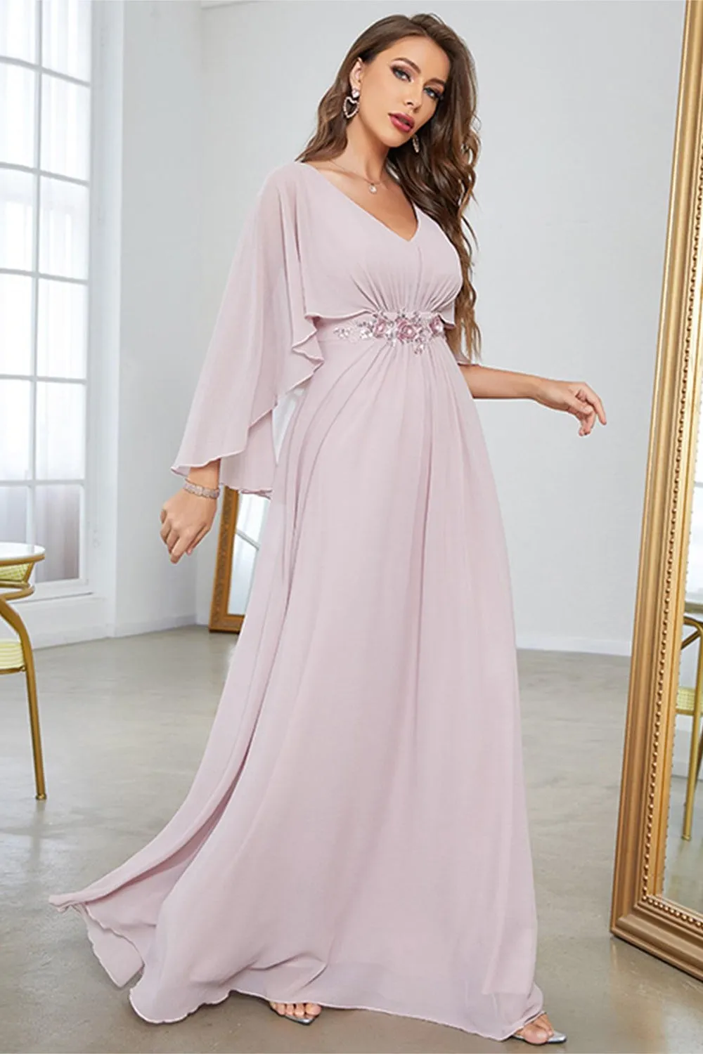 Blush A Line Chiffon Long Formal Dress With Short Sleeves sold by Zapaka product image thumbnail 3