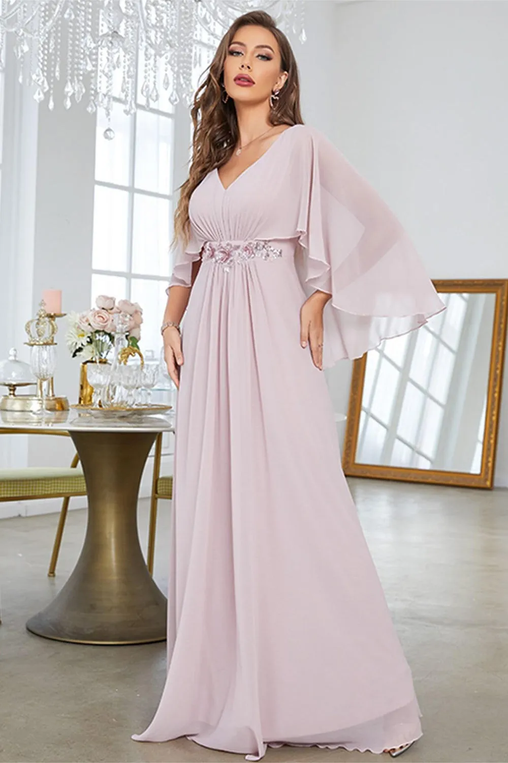 Blush A Line Chiffon Long Formal Dress With Short Sleeves sold by Zapaka product image thumbnail 4