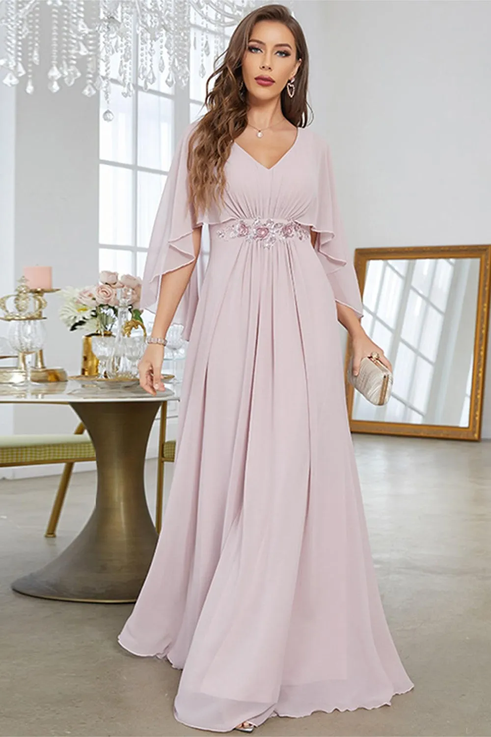 Blush A Line Chiffon Long Formal Dress With Short Sleeves sold by Zapaka
