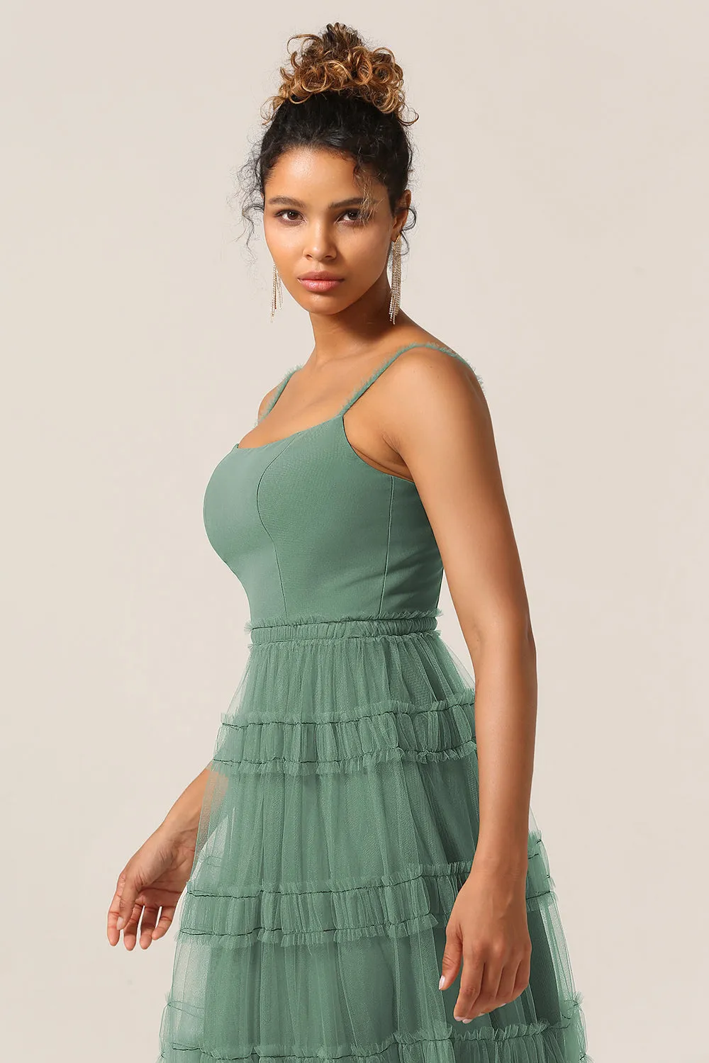 Gorgeous A Line Spaghetti Straps Eucalyptus Tulle Long Bridesmaid Dress sold by Zapaka product image thumbnail 4
