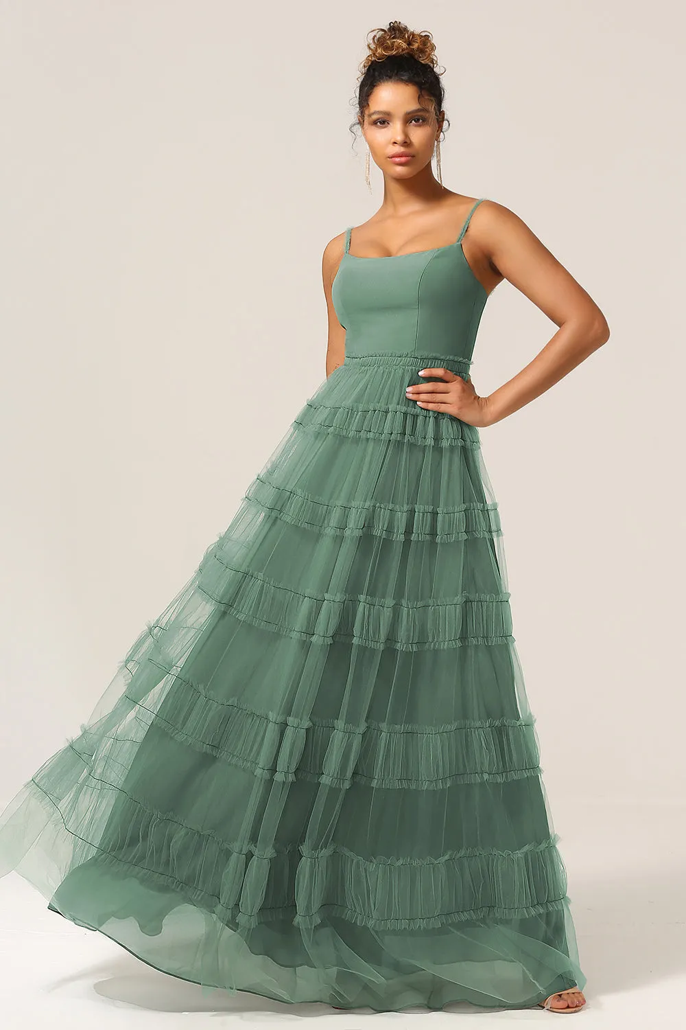 Gorgeous A Line Spaghetti Straps Eucalyptus Tulle Long Bridesmaid Dress sold by Zapaka product image thumbnail 3