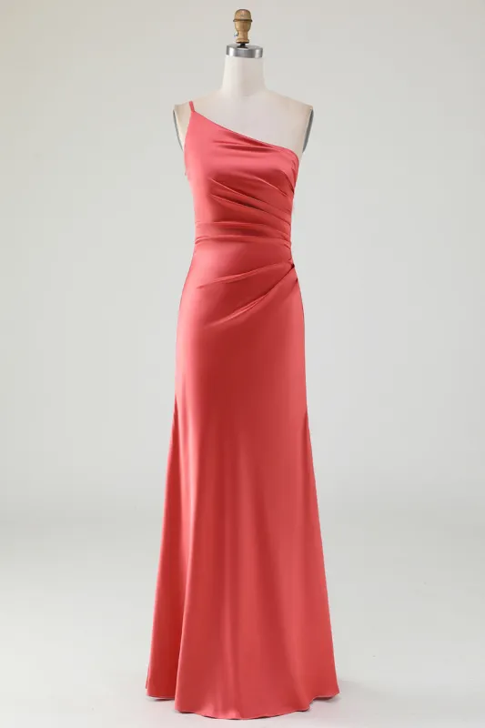 Terracotta Sheath One Shoulder Floor-Length Pleated Satin Bridesmaid Dress sold by Zapaka