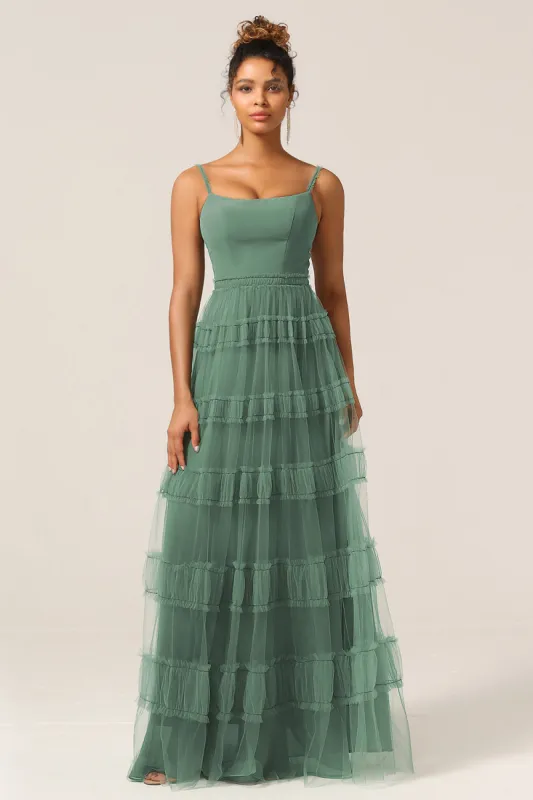 Gorgeous A Line Spaghetti Straps Eucalyptus Tulle Long Bridesmaid Dress sold by Zapaka