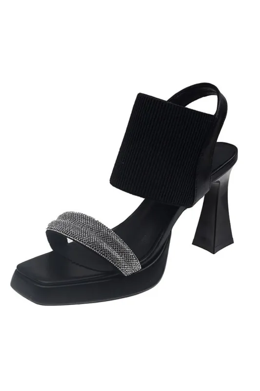 Thick Heel Solid Rhinestone Fish Mouth Elastic Sandals sold by Zapaka