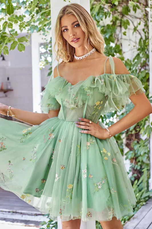 Off the Shoulder Ruffles Tulle Homecoming Dress with Embroidery sold by Zapaka