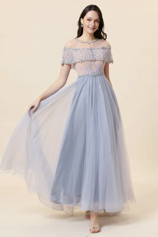 Sparkly Grey Beaded Long Tulle Evening Dress sold by Zapaka