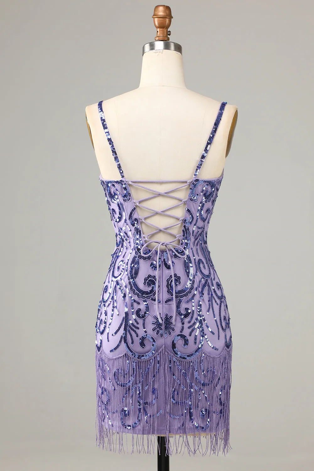 Sparkly Purple Sequins Spaghetti Straps Short Homecoming Dress with Fringes sold by Zapaka product image thumbnail 2