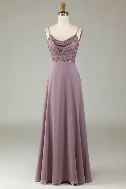 Spaghetti Straps Beaded Dusty Pink Bridesmaid Dress sold by Zapaka