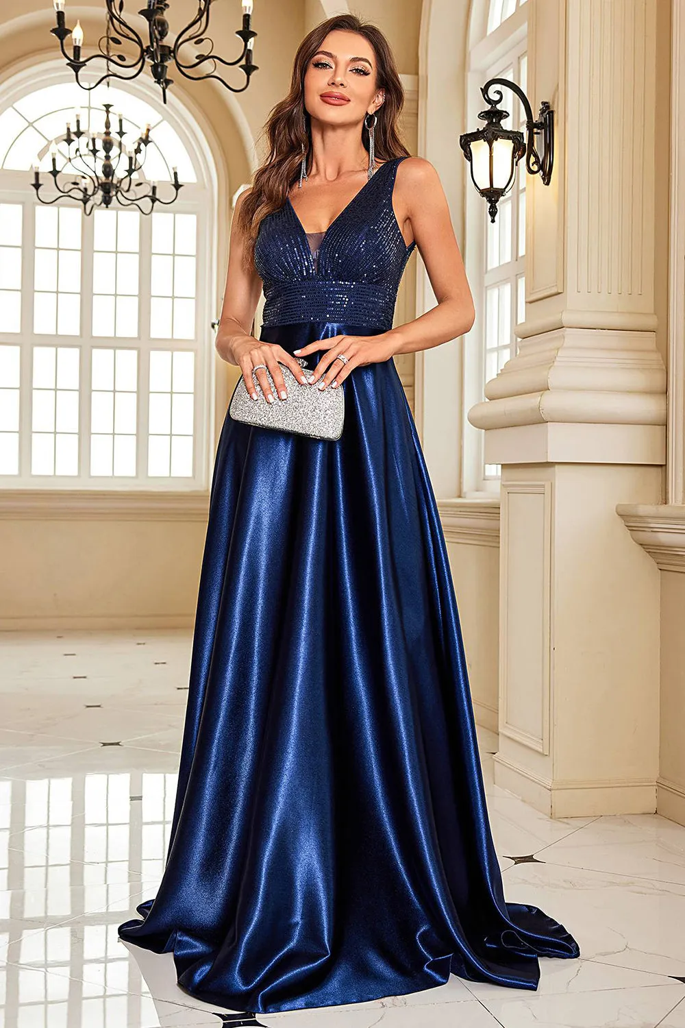 Navy Satin A-Line Formal Dress with Sequins sold by Zapaka product image thumbnail 4