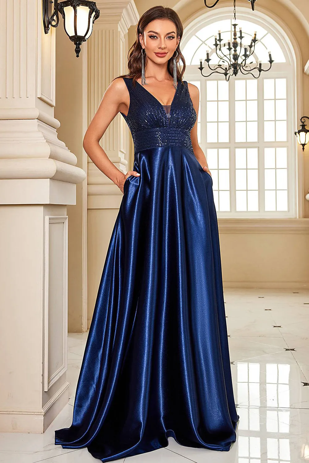 Navy Satin A-Line Formal Dress with Sequins sold by Zapaka product image thumbnail 5