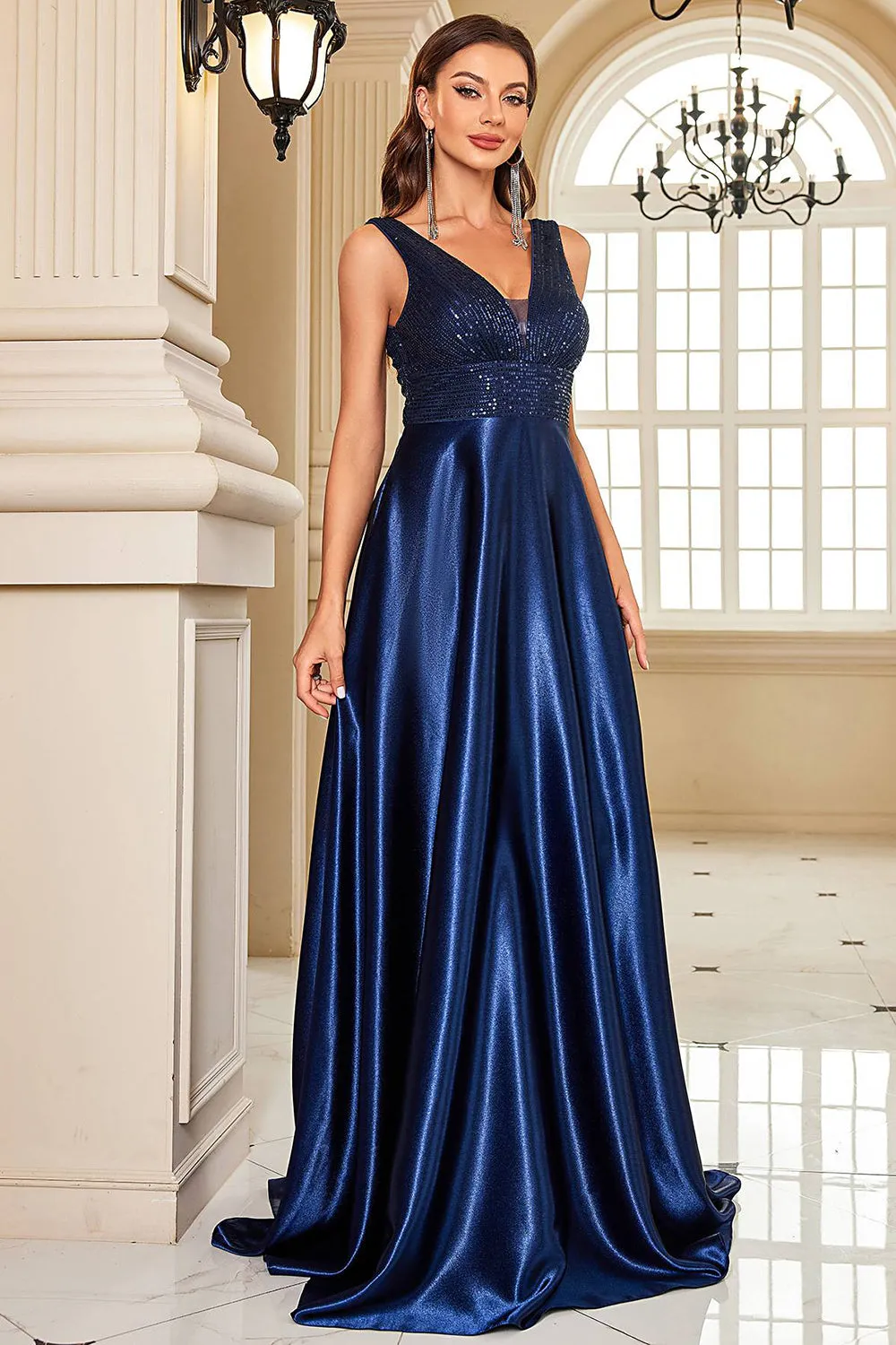 Navy Satin A-Line Formal Dress with Sequins sold by Zapaka product image thumbnail 3