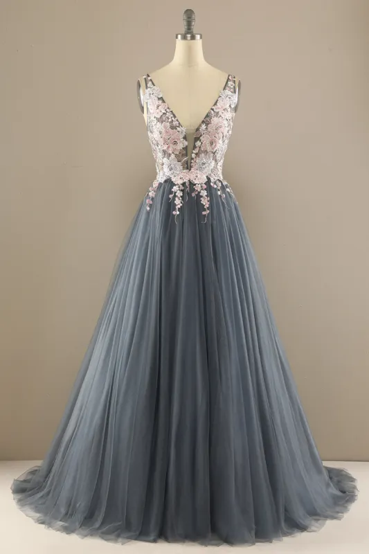 Gorgeous Deep V Neck Grey/Pink Prom Dress with Appliques sold by Zapaka