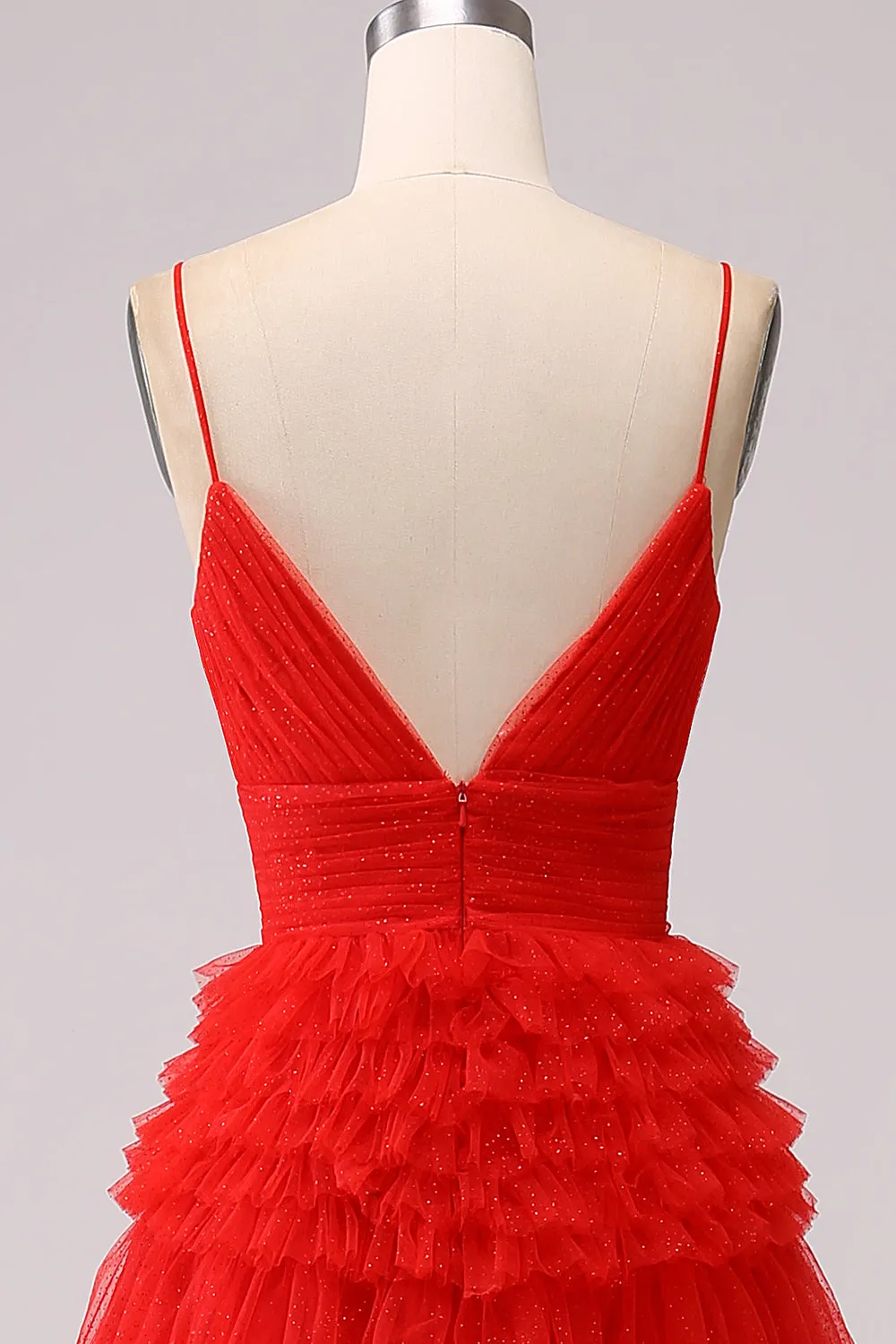 Red A Line Spaghetti Straps Tiered Long Prom Dress with Ruffles sold by Zapaka product image thumbnail 5