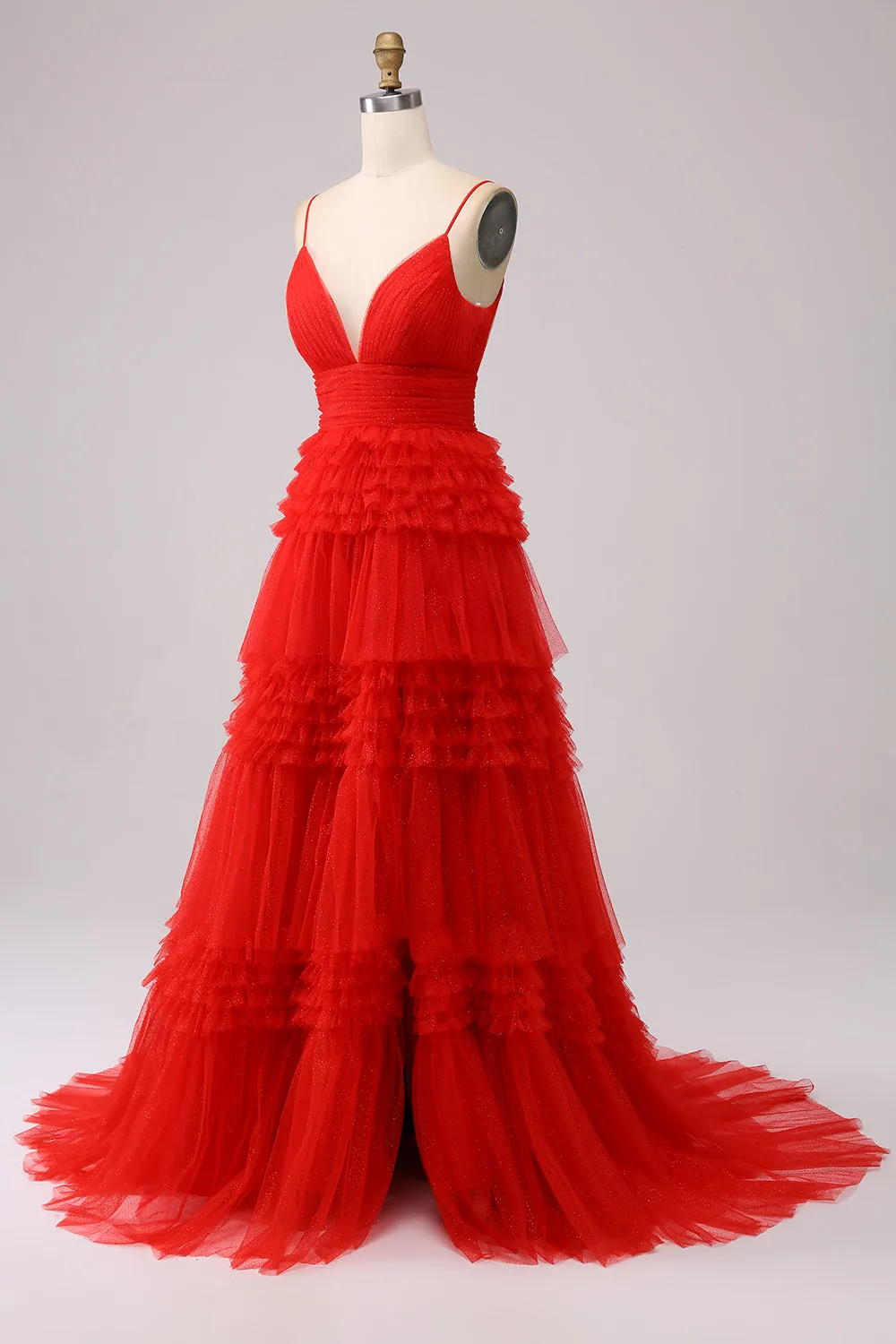 Red A Line Spaghetti Straps Tiered Long Prom Dress with Ruffles sold by Zapaka product image thumbnail 3