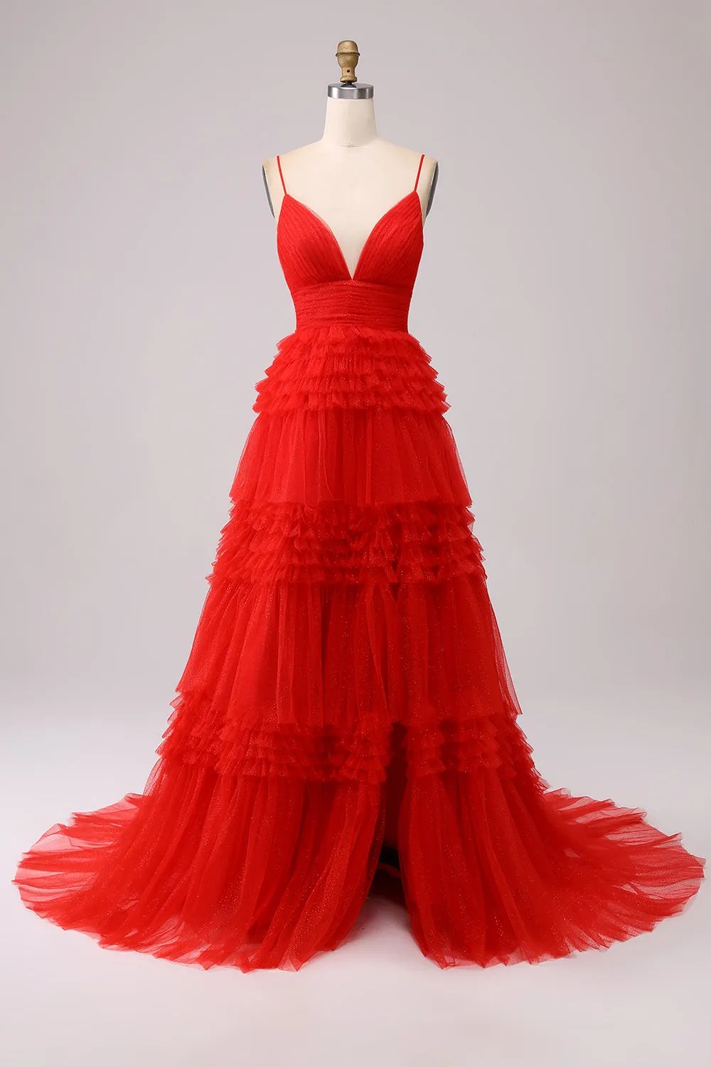 Red A Line Spaghetti Straps Tiered Long Prom Dress with Ruffles sold by Zapaka