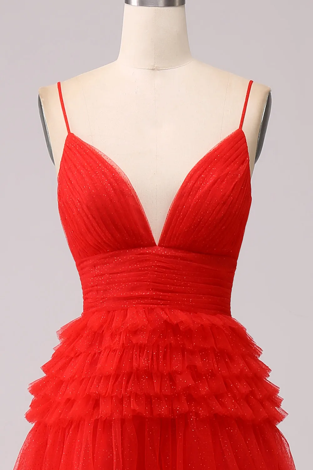 Red A Line Spaghetti Straps Tiered Long Prom Dress with Ruffles sold by Zapaka product image thumbnail 4