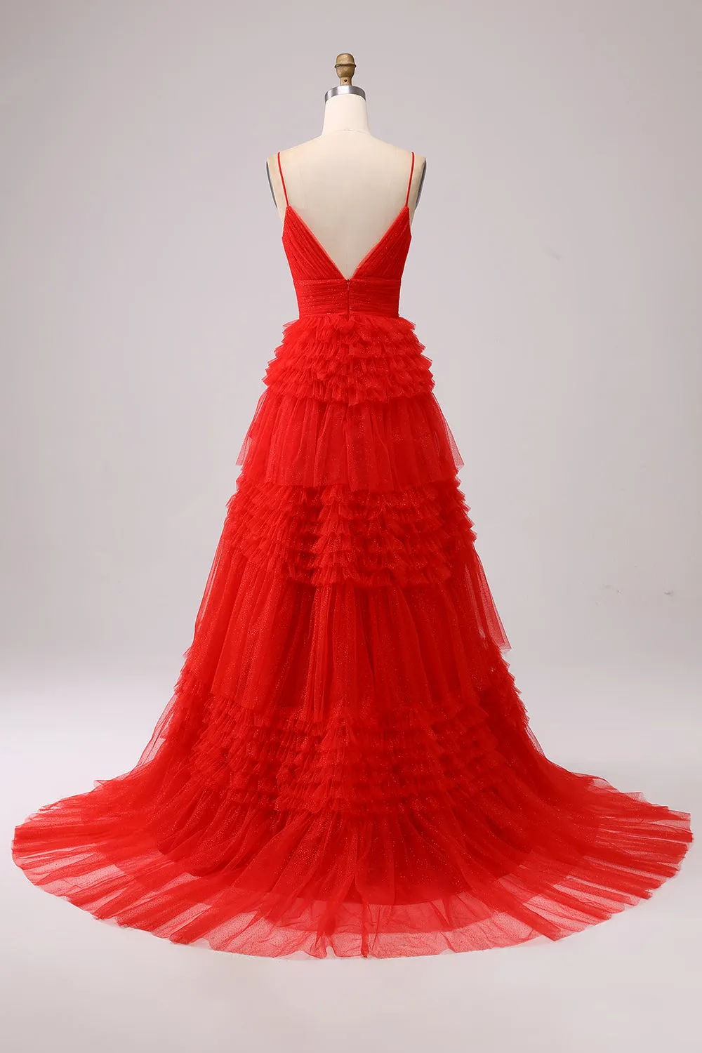 Red A Line Spaghetti Straps Tiered Long Prom Dress with Ruffles sold by Zapaka product image thumbnail 2