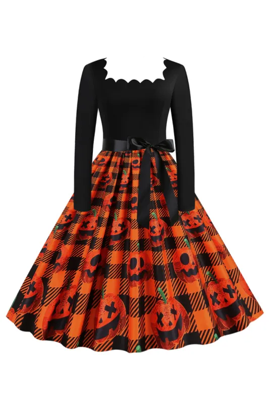 Orange Print Halloween Retro Dress with Long Sleeves made by Zapaka