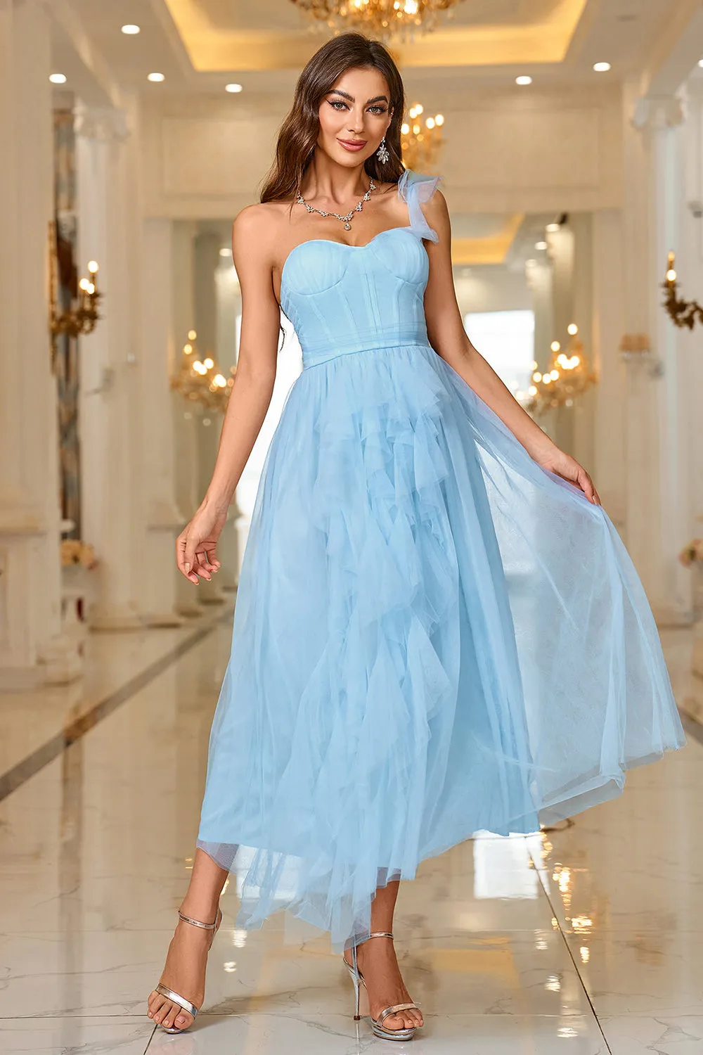 Sky Blue A Line Corset One Shoulder Prom Dress sold by Zapaka product image thumbnail 5