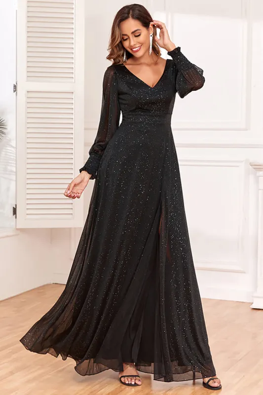 Glitter A-Line Long Sleeves Black Mother of The Bride Dress with Slit sold by Zapaka