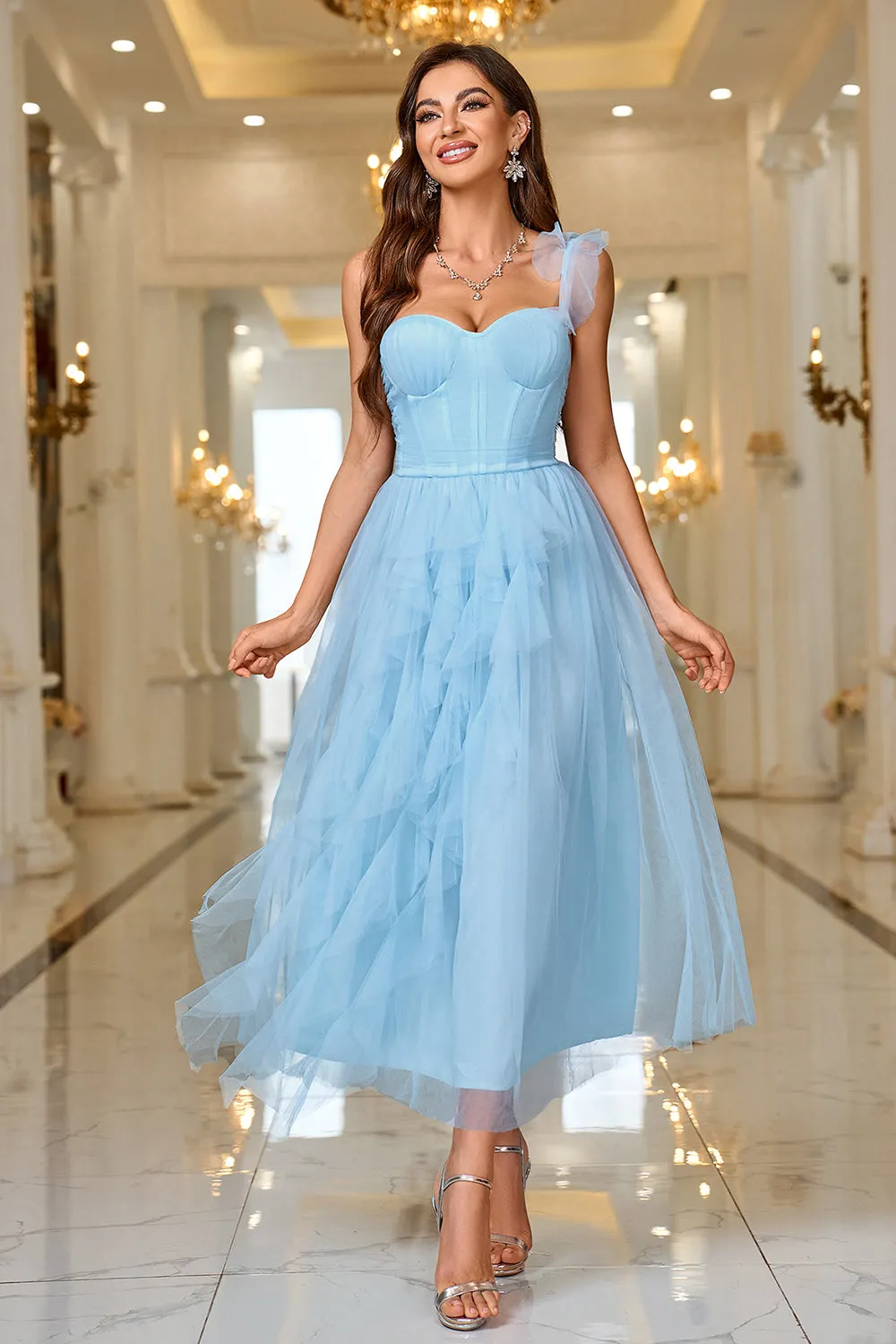 Sky Blue A Line Corset One Shoulder Prom Dress sold by Zapaka product image thumbnail 3