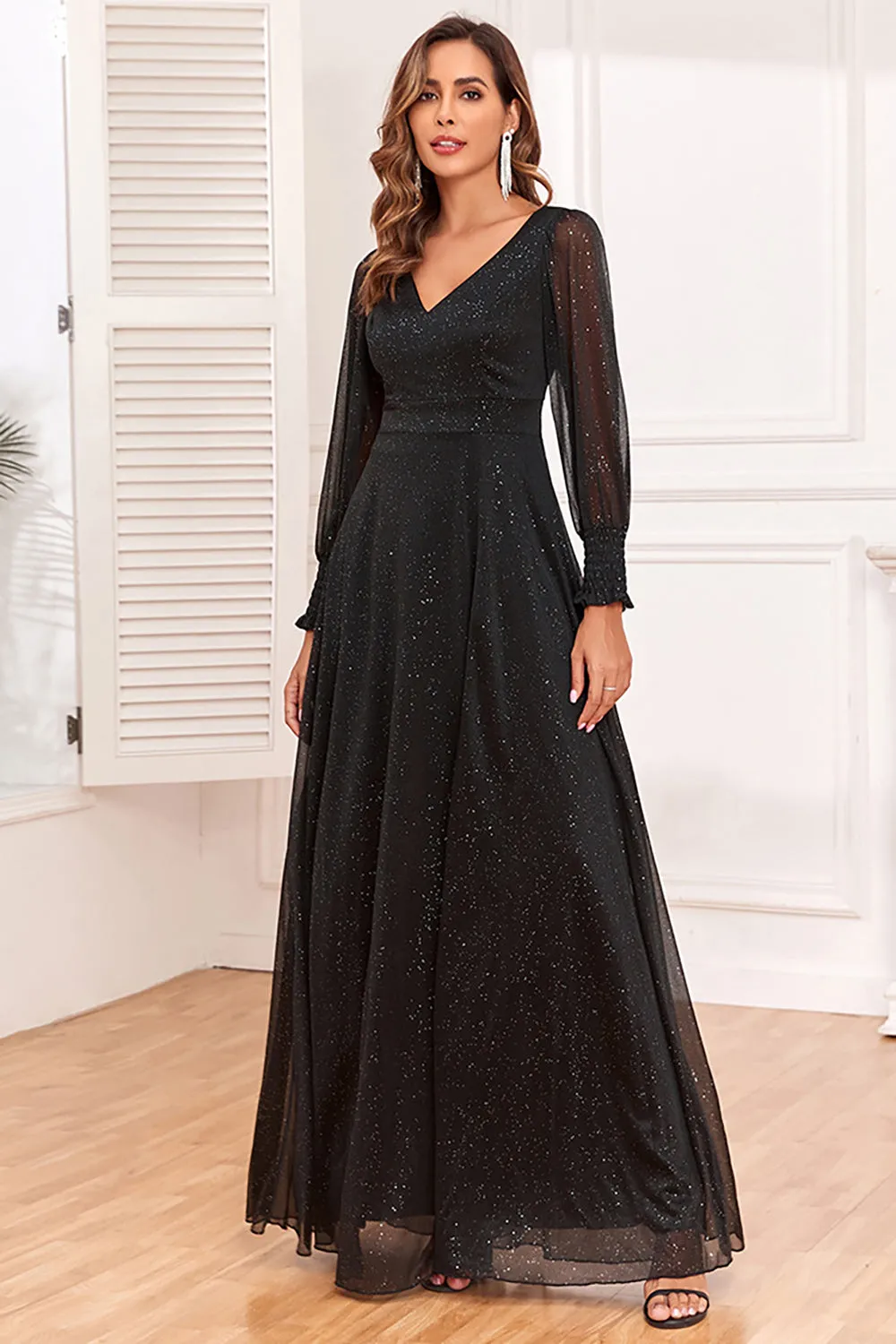 美品【SUKU 】DRESSING GOWN ブラック S Ｍ Zapaka Glitter A-Line Long Sleeves Black Mother of The Bride