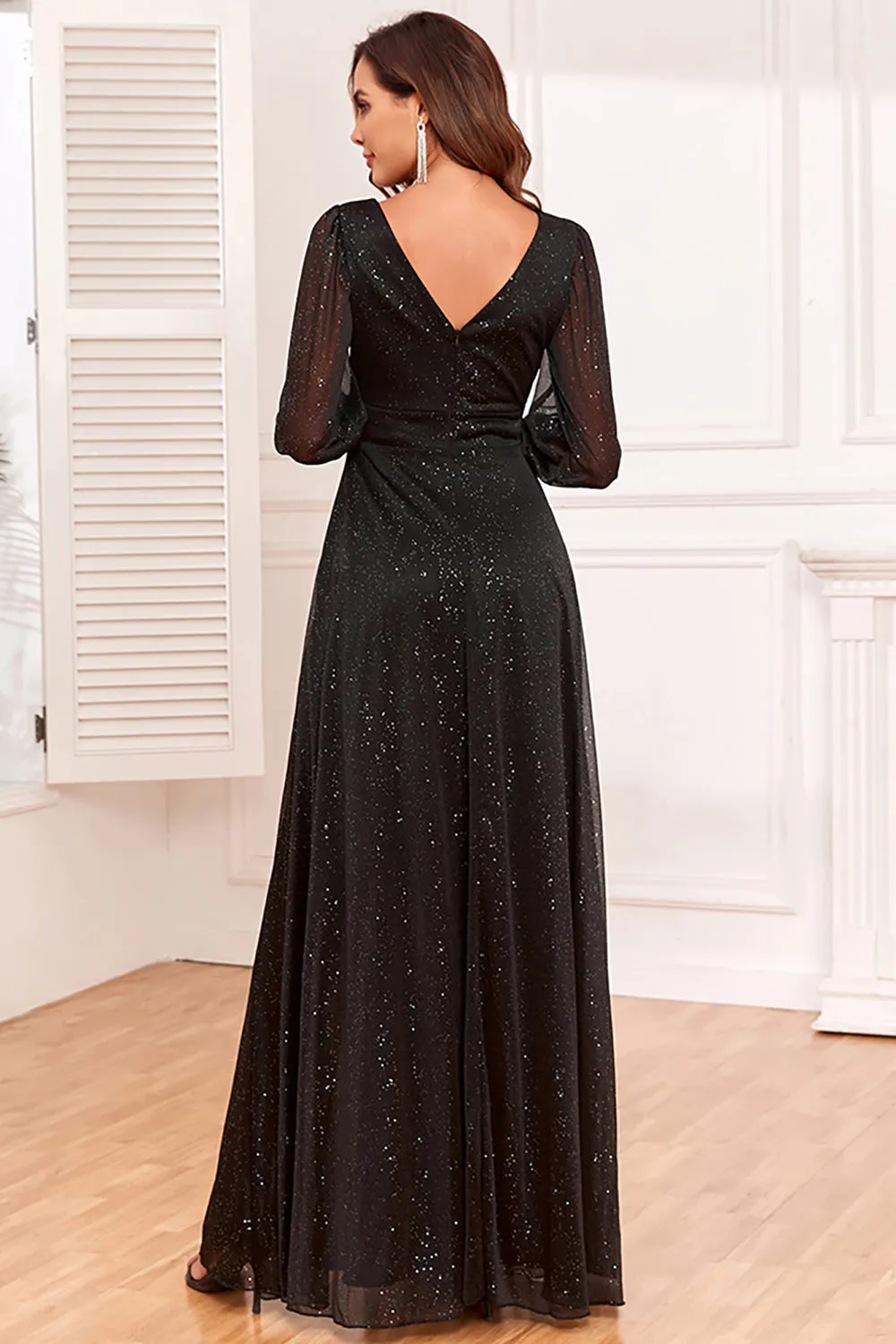 Glitter A-Line Long Sleeves Black Mother of The Bride Dress with Slit sold by Zapaka product image thumbnail 2