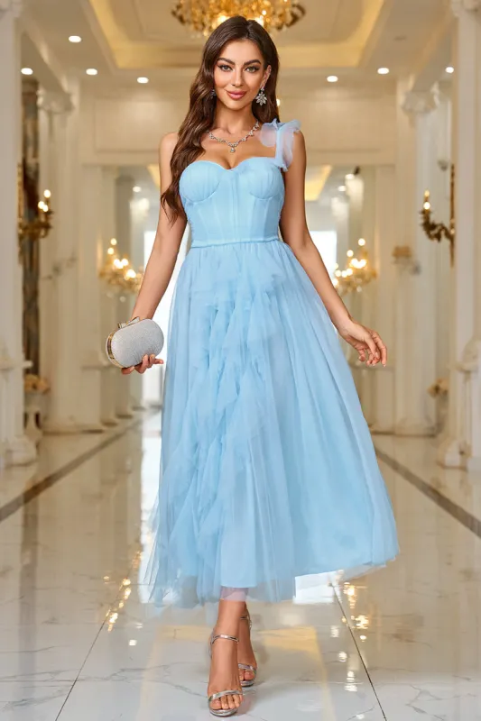 Sky Blue A Line Corset One Shoulder Prom Dress sold by Zapaka