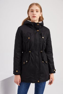 Thickened Black Zip Up Hooded Mid Coat sold by Zapaka