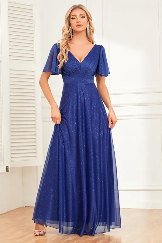 Sparkly Royal Blue A-Line V-Neck Long Prom Dress with Ruffles sold by Zapaka