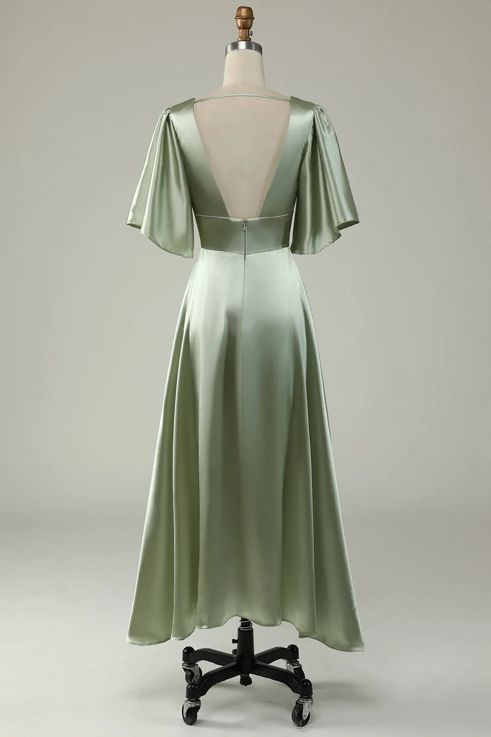 A Line Deep V Neck Light Green Bridesmaid Dress with Half Sleeves sold by Zapaka product image thumbnail 2