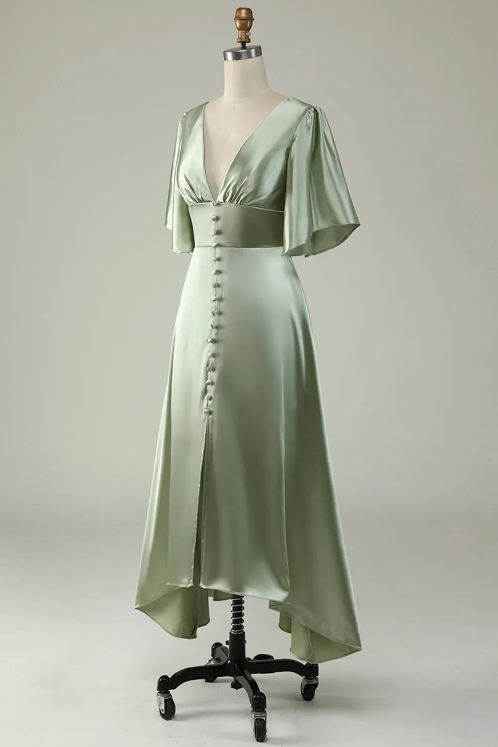 A Line Deep V Neck Light Green Bridesmaid Dress with Half Sleeves sold by Zapaka product image thumbnail 3