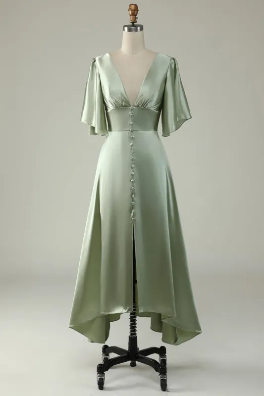 A Line Deep V Neck Light Green Bridesmaid Dress with Half Sleeves sold by Zapaka