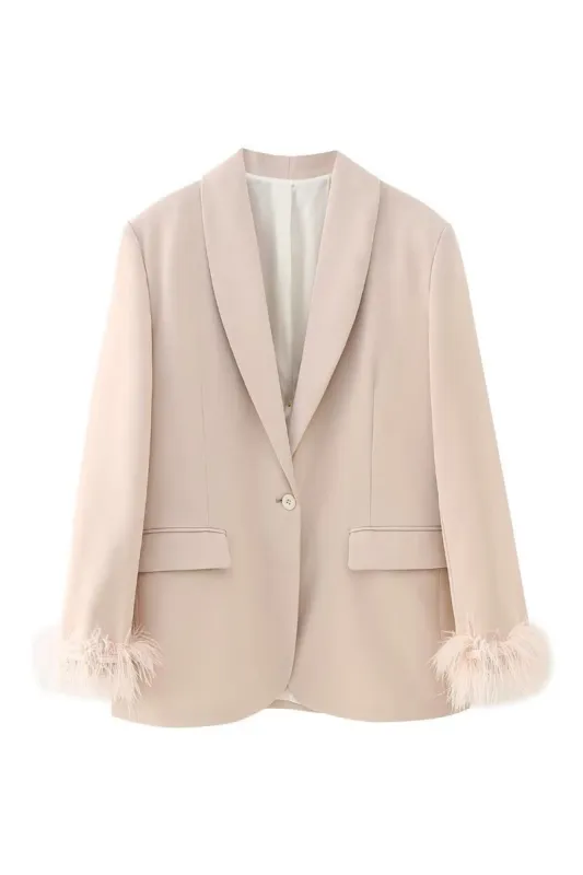 Blush Shawl Lapel Women Party Blazer with Feathers sold by Zapaka