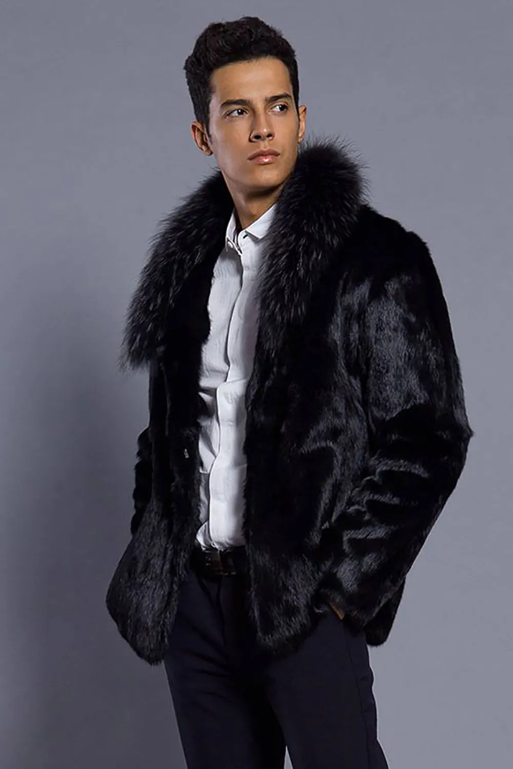 Black Lapel Neck Cropped Faux Fur Men Coat sold by Zapaka product image thumbnail 3