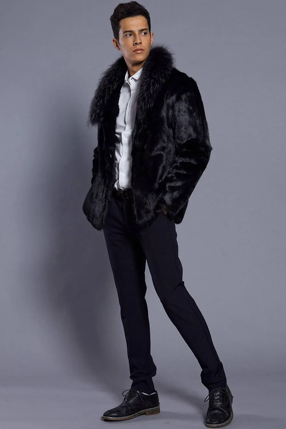 Black Lapel Neck Cropped Faux Fur Men Coat sold by Zapaka product image thumbnail 4