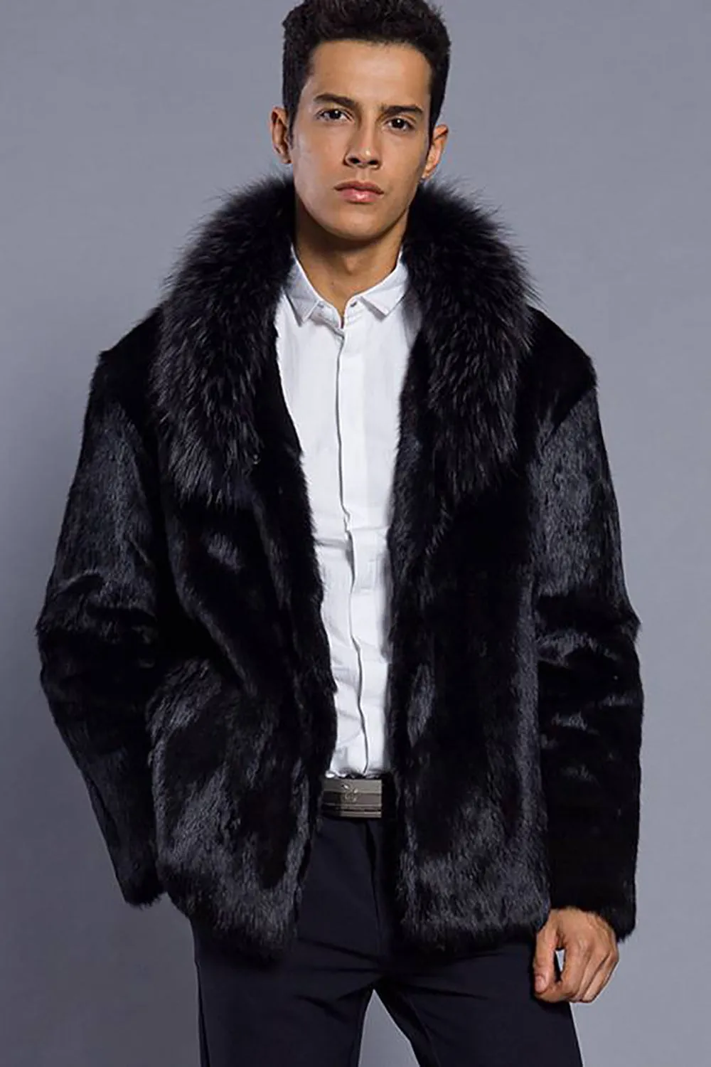 Black Lapel Neck Cropped Faux Fur Men Coat sold by Zapaka