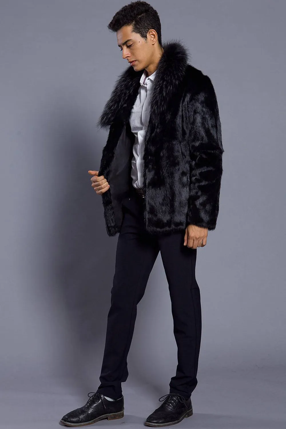 Black Lapel Neck Cropped Faux Fur Men Coat sold by Zapaka product image thumbnail 5