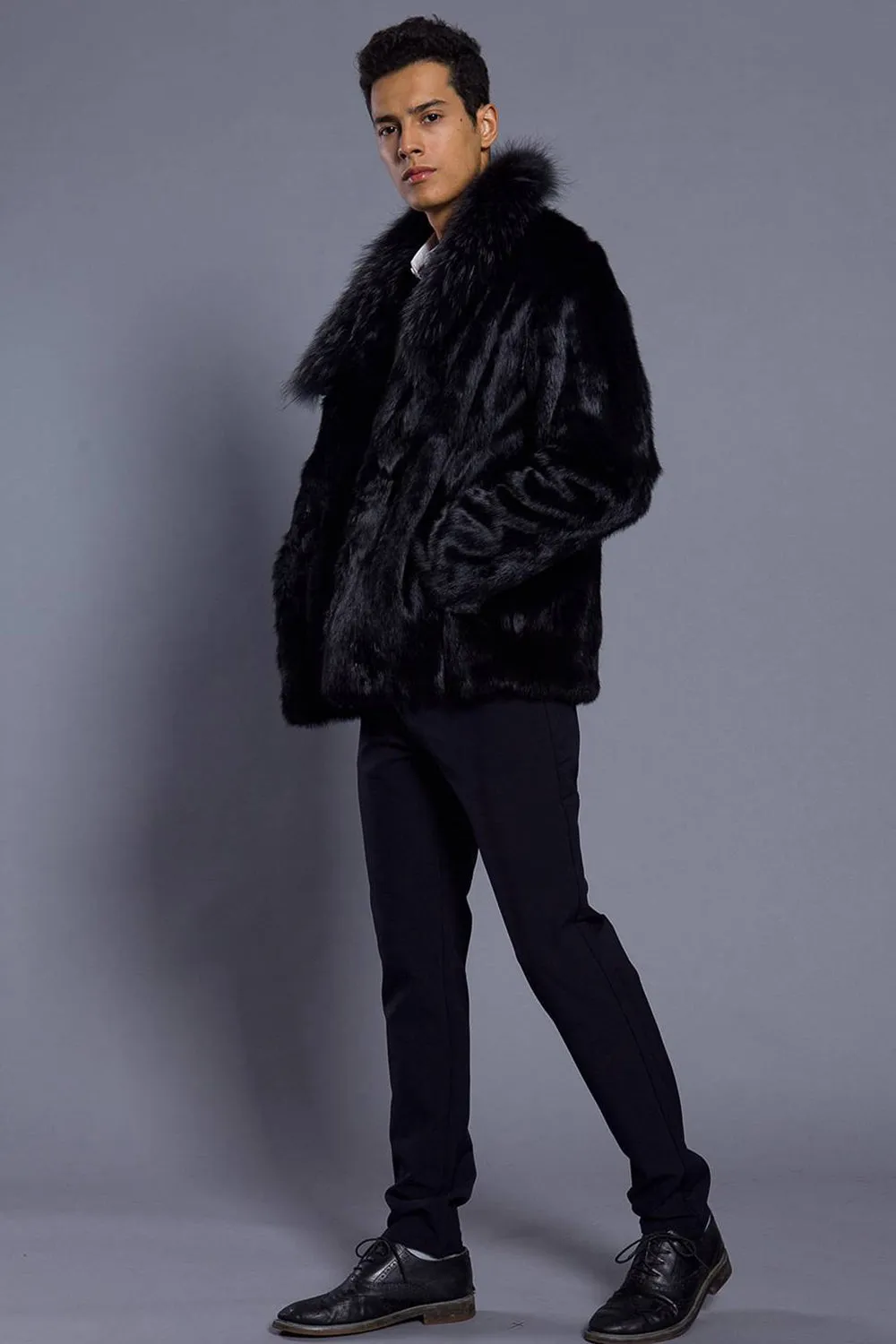 Black Lapel Neck Cropped Faux Fur Men Coat sold by Zapaka product image thumbnail 2