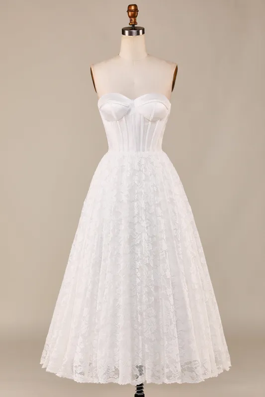 Ivory Lace Corset Tea-Length Wedding Dress sold by Zapaka